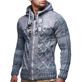Leif Nelson LN20525 Men's Knit Zip-up Jacket With Geometric Patterns and Leather Accents
