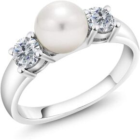Gem Stone King 925 Sterling Silver Freshwater Pearl and White Lab Grown Diamond Ring For Women (0.80 Cttw, Gemstone April Birthstone, Available in Size 5,6,7,8,9)