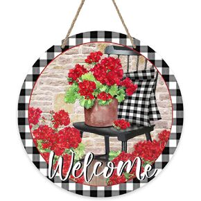 Deroro Welcome Spring Geranium Flower Sign for Front Door Decor, Floral Buffalo Plaid Chair Wood Door Hanger for Outdoor Outside Porch, Summer Farmhouse Wooden Wreath Indoor Wall Hanging Decoration