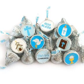 Boy First Holy Communion Labels for Hershey's Kisses Chocolates by Adore By Nat - Blue Candy Sticker - Set of 240