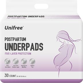 Unifree Premium Disposable Postpartum UnderpadsBed Pads, Incontinence Pads, Anti-Slip Back, SuperAbsorbent Chux Pads, Heavy Duty, 30 Count (XL30x36 Inch)