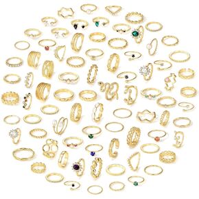 ZOVOLI 84 Pcs Gold Knuckle Rings Set for Women Girls Non Tarnish Gold Plated Stackable Rings, Boho Vintage Crystal Rhinestone Pearl Costume Jewelry Packs Gifts for Teen Girls