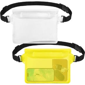 jealkip 2-Pack Waterproof Pouch with Adjustable Waist Strap, Waterproof Dry Bag, Keeps Cell Phones and Valuables Safe and Dry, Perfect for Kayaking, Beach, Camping and Swimming (Yellow + White)