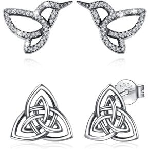 INFUSEU 2 Pack Sterling Silver Stud Earrings for Women Teen Girls, Cubic Zirconia Hummingbird & Triangle Celtic Trinity Knot Earrings Studs