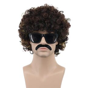 VGbeaty Men Short Curly Brown Rocker Black Mustache Beard Wig California Halloween Party Wig