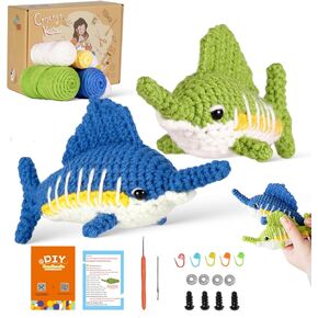 Crochet Kit for Beginners, 2PCS Sailfish Crochet Starter Kit with Step-by-Step Video Tutorials, Easy Beginner Knitting Supplies, Learn to Animal Crochet Kits for Adults and Kids, Cute DIY Yarn Plush