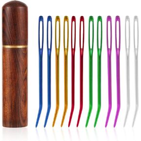 12pcs Large Eye Sewing Needles Kit, Stainless Steel Large-Eye Bent Tapestry Needles Sharp Hand Knitting Yarn Needles with Wooden Darning Needle Case for Crochet Projects