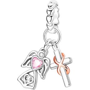 NUJIFFY 925 Sterling Silver Charms Beads for Bracelets & Necklaces, Pink Heart Charm Angel Cross Birthday Gifts Pendant Jewelry for Women Men Teens