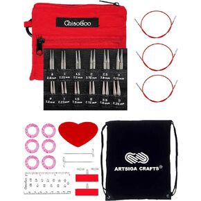 ChiaoGoo Twist Red Lace Shorties 2 & 3-Inch Small Red 7230-M Interchangeable Knitting Needle Set, 12-Pair Sizes US 0, 1, 1.5, 2, 2.5, 3, Stainless Steel, 3 Cords Bundle with 1 Artsiga Crafts Large Bag