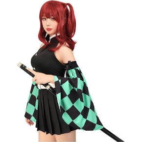 C-ZOFEK Kamado Tanjirou Cosplay Women Costume Top Pleated Skirt Detachable Sleeves with Belt