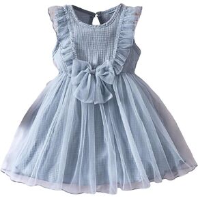OYOANGLE Girl's Contrast Mesh Sleeveless Round Neck Ruffle Trim Dress High Waist A Line Short Overlay Dresses