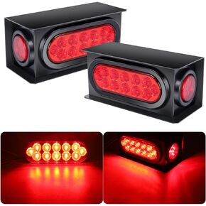 OGATOO Steel Trailer Light Boxes Housing Kit, Red Oval 6" Tail Stop Lights & Round 2" LED Trailer Side Turn Light, 14 LED with Grommets & Wire Connectors, 12V IP65 Waterproof (2 Pcs)