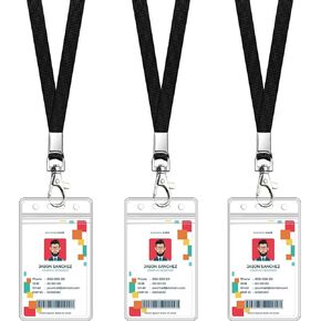 3 Pack Clear ID Badge Holder with Lanyard Black Neck Lanyards with Vertical Waterproof ID Badge Holder for Office, School, Travel