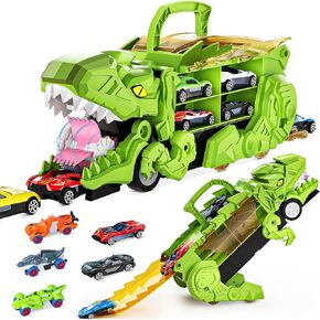 OriJoy Dinosaur Transforms Car Toys for Kids, Tyrannosaurus Rex Cars Carrier Truck with 10 Mini Cars, Monster Dino Swallowing Vehicle with Race Track, Gift Ideas for Ages 3 4 5 6 7 8 Boys Children