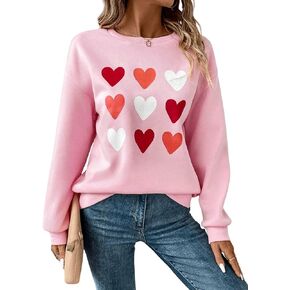 Floerns Women's Heart Pattern Crewneck Drop Shoulder Long Sleeve Pullover Sweatshirts