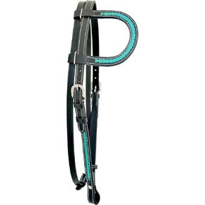WeavingCraft Genuine Top Grain Black Leather Western One Ear Headstall Bridle with Hand Braided Turquoise Rawhide