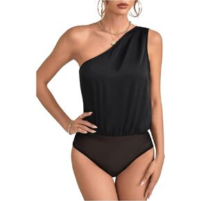 OYOANGLE Women's One Shoulder Bodysuit Asymmetrical Neck Sleeveless Summer Solid Bodysuits Tank Shirt