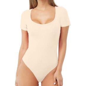 MANGDIUP Women's Scoop Neck T Shirts Basic Bodysuits Jumpsuits (Short Sleevee Nude.XXL)