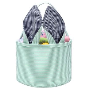 Easter Bunny Basket Seersucker Egg Bags for Kids,Personalized Candy Egg Basket Rabbit Boy Girl Gift Buckets with Fluffy Tail Gifts Bags for Easter(Blue)
