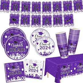 Graduation Party Supplies 2024 Graduation Party Tableware Set Maroon Plates Napkins Cups Tablecloth Banner for Congrats Disposable Paper Grad Party Decorations Serve 25