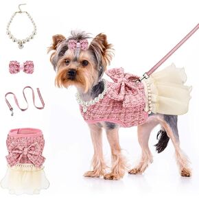 Vintage Plaid Dog Dress Holiday Thanksgiving Christmas Set with Leash, Bow Hair Clip and Pearl Necklace for Middle and Little Girl Dog Wedding Birthday Party (Pink, XS)