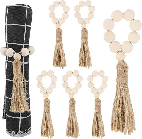 6 Pcs Elastic Napkin Buckle with Tassels Boho Napkin Buckles Natural Wooden Beads Napkin Holders Wood Bead Napkin Rings for Home Party Farmhouse Wedding Table Decoration in Saudi Arabia