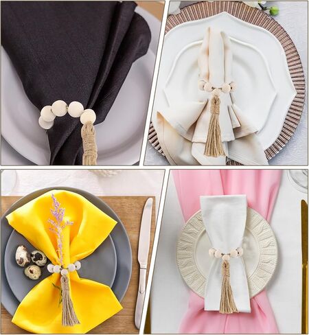 6 Pcs Elastic Napkin Buckle with Tassels Boho Napkin Buckles Natural Wooden Beads Napkin Holders Wood Bead Napkin Rings for Home Party Farmhouse Wedding Table Decoration in Saudi Arabia