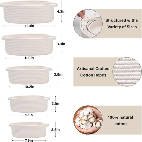 5-Piece Rectangle Storage Basket Set- Natural Cotton Rope Woven Baskets for Organizing! Small Basket for Montessori, Baby Nursery, Dog Toy Baskets, Cat Toy Box, Bathroom Organization Bin- Lake Blue in Kuwait