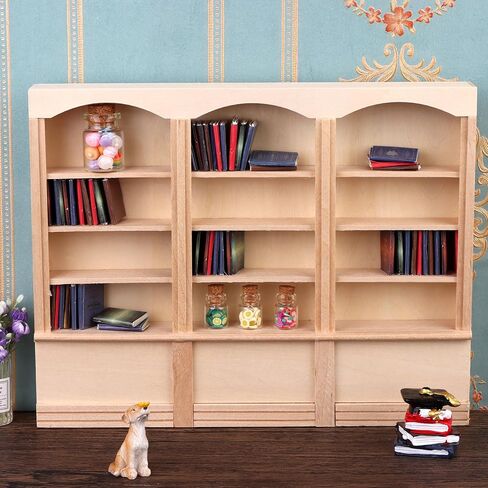 54 Pcs 1: 12 Miniatures Dollhouse Books and a Wooden Dollhouse Mini Bookcase Decoration Accessories 1: 12 Dollhouse Miniature Furniture 4 Floors Dollhouse Bookshelf for House Bedroom in Kuwait