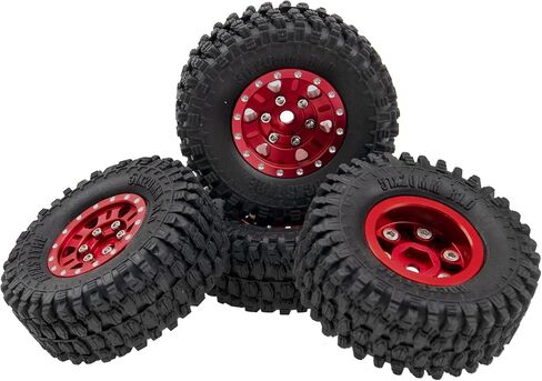 4Pack HIRCQOO 1.0" SCX24 Beadlock Wheels 7mm Hex Wheel Rims & Rubber Crawler Tires Set Compatible with Axial SCX24 1/24 Deadbolt AXI00002 AXI90081 AXI00002V2 RC Crawler Car (Red) in Saudi Arabia