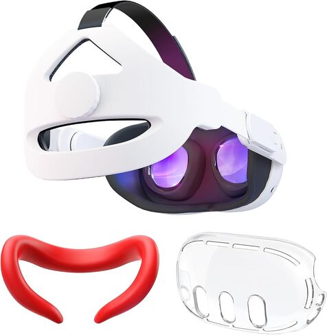 CNBEYOUNG Adjustable Head Strap Compatible with Quest 2 Quest 3, with Face Cover(Red) and Shell Cover(Clear) for Quest 3 in Saudi Arabia