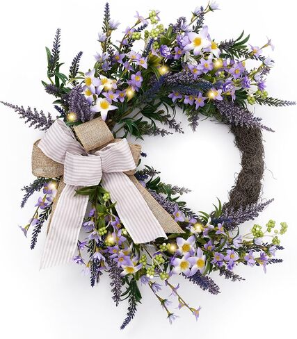 Valery Madelyn Pre-Lit Spring Lavender Wreath for Front Door with Lights, 20 Inch Rustic Farmhouse Wreath with Purple Artificial Flowers for Wall Window Home Porch Indoor Summer Wedding Party Decor in Saudi Arabia
