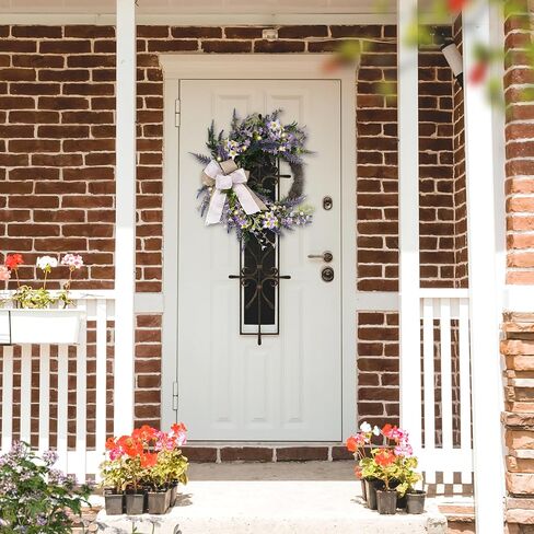 Valery Madelyn Pre-Lit Spring Lavender Wreath for Front Door with Lights, 20 Inch Rustic Farmhouse Wreath with Purple Artificial Flowers for Wall Window Home Porch Indoor Summer Wedding Party Decor in Saudi Arabia