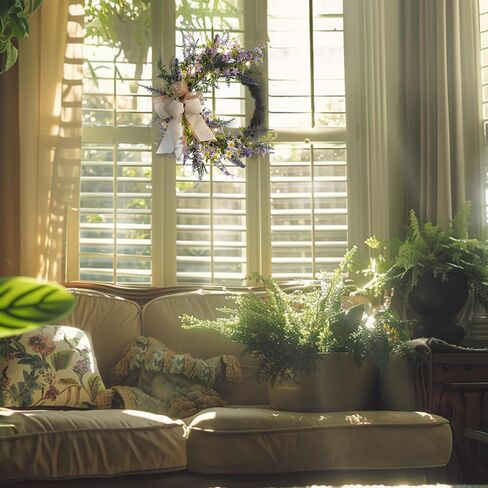 Valery Madelyn Pre-Lit Spring Lavender Wreath for Front Door with Lights, 20 Inch Rustic Farmhouse Wreath with Purple Artificial Flowers for Wall Window Home Porch Indoor Summer Wedding Party Decor in Saudi Arabia