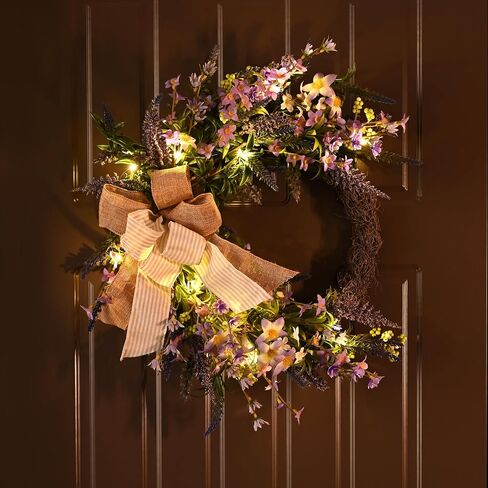 Valery Madelyn Pre-Lit Spring Lavender Wreath for Front Door with Lights, 20 Inch Rustic Farmhouse Wreath with Purple Artificial Flowers for Wall Window Home Porch Indoor Summer Wedding Party Decor in Saudi Arabia