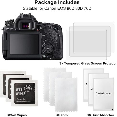 واقي شاشة Rieibi (3 عبوات) لكاميرا Canon EOS 90D 80D 70D الرقمية، طبقة من الزجاج المقوى 0.33 مم 9H لكاميرا Canon EOS 90D 80D 70D مع واقي شاشة علوي in Saudi Arabia