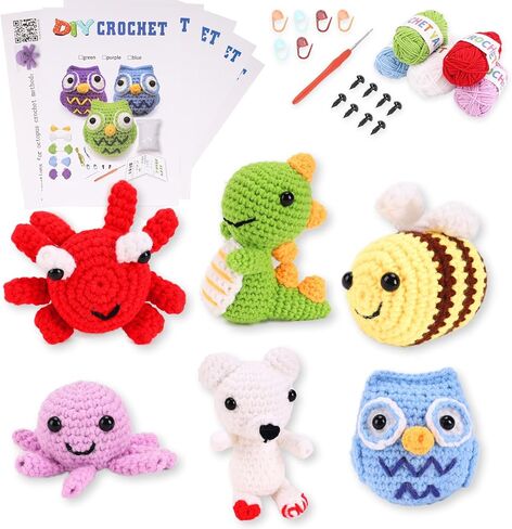 KIMOCHIII Beginner Crochet Kit for Adults and Kids,Crochet Animal Kit with Step-by-Step Video and Booklet Tutorials,Dinosaur,Octopus,Bee,Owl,Bear,Crab with 40%+Upgraded Yarn in Saudi Arabia