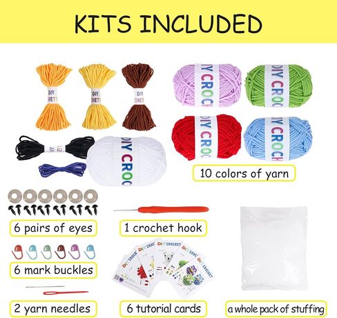 KIMOCHIII Beginner Crochet Kit for Adults and Kids,Crochet Animal Kit with Step-by-Step Video and Booklet Tutorials,Dinosaur,Octopus,Bee,Owl,Bear,Crab with 40%+Upgraded Yarn in Saudi Arabia