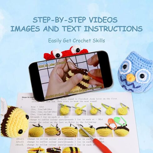 KIMOCHIII Beginner Crochet Kit for Adults and Kids,Crochet Animal Kit with Step-by-Step Video and Booklet Tutorials,Dinosaur,Octopus,Bee,Owl,Bear,Crab with 40%+Upgraded Yarn in Saudi Arabia
