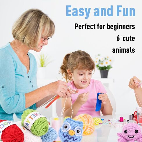 KIMOCHIII Beginner Crochet Kit for Adults and Kids,Crochet Animal Kit with Step-by-Step Video and Booklet Tutorials,Dinosaur,Octopus,Bee,Owl,Bear,Crab with 40%+Upgraded Yarn in Saudi Arabia