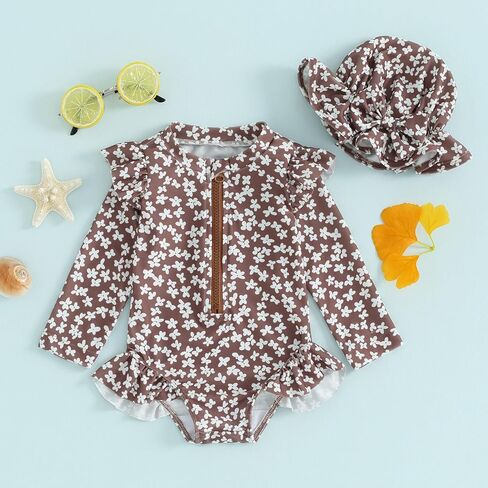ZAXARRA Little Baby Girls Swimsuit One Piece Rash Guard Long Sleeve Zipper Ruffle Bathing Suit Toddler Summer Clothes (Khaki, 12-18 Months) in Saudi Arabia