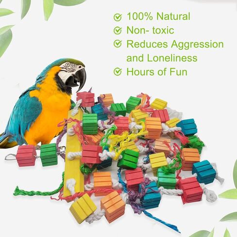 Parrot Toys, Bird Chewing Toy of Natural Multi-Colored Wooden Blocks, Cage Bite Toy Suits for African Grey Cockatoos Amazon Parrots Ect Large Medium Parrot Birds in Kuwait