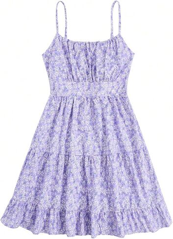 SweatyRocks Girl's Spaghetti Strap Ruched Cami Dress Floral Print Ruffle Flared Mini Dresses Purple 11 Years in Saudi Arabia