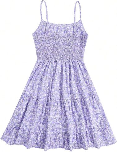 SweatyRocks Girl's Spaghetti Strap Ruched Cami Dress Floral Print Ruffle Flared Mini Dresses Purple 11 Years in Saudi Arabia