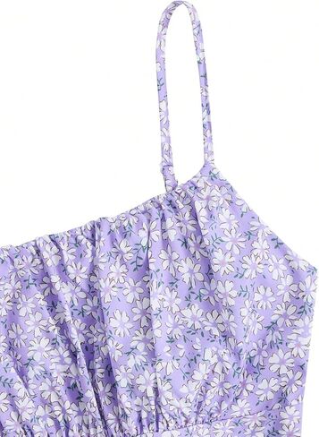 SweatyRocks Girl's Spaghetti Strap Ruched Cami Dress Floral Print Ruffle Flared Mini Dresses Purple 11 Years in Saudi Arabia
