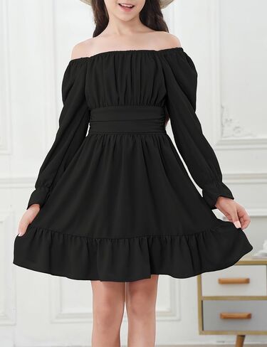 Durio Girls Dresses for Teens Girls Tie Back Off Shoulder Dress Cute Long Sleeve Dress Easter Kids School Party Dance Dresses in Saudi Arabia