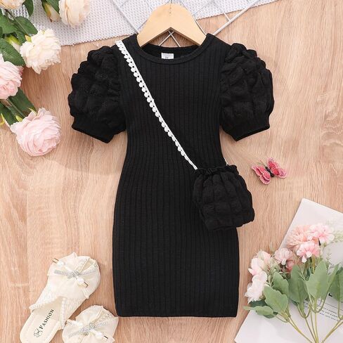 Kidsmian Girls Ruffle Sleeve Knit Fashion Bodycorn Mini Knee Length Dress with Cute Bag for Special Casual and Party Wear in Saudi Arabia