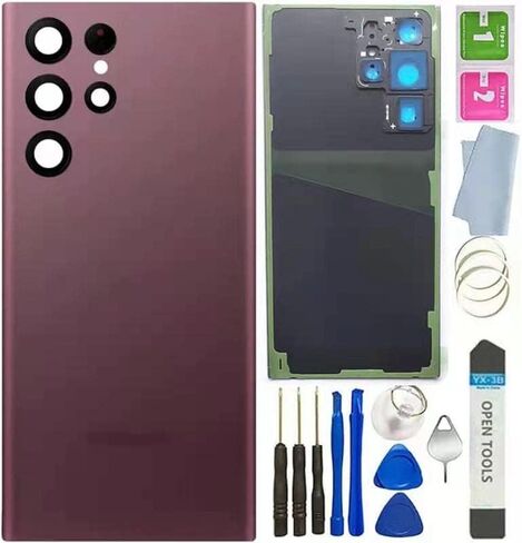 غطاء زجاجي خلفي لهاتف Galaxy S22 Ultra غطاء زجاجي بديل مقاوم للماء مع عدسة زجاجية للكاميرا وأجزاء شريط لهاتف Samsung Galaxy S22 Ultra S908 + أدوات (أسود فانتوم) in Saudi Arabia