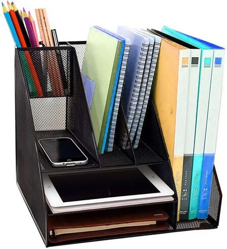 Halter Mesh Desk File Organizer with 4 Compartment Trays for Papers, Folders, Letters, and Binder - Ideal for Home Office Organization and Storage, Black in Saudi Arabia