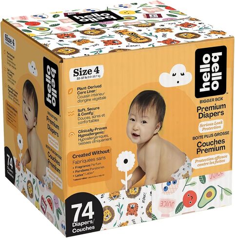 Hello Bello Diapers, Size 4 (22-37 lbs) - 74 Count of Premium Disposable Baby Diapers in Wildcats & Snacktime Designs - Hypoallergenic with Soft, Cloth-Like Feel in Saudi Arabia
